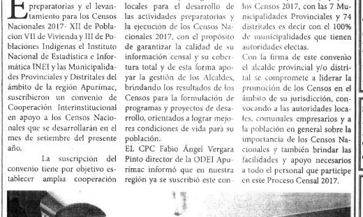 INEI y Gobiernos locales suscribieron convenio de cooperación interinstitucional para los censos 2017