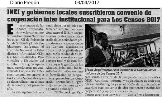 INEI y Gobiernos locales suscribieron convenio de cooperación interinstitucional para los Censos 2017