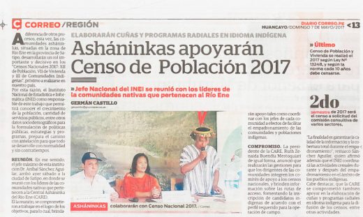 Ashaninkas apoyarán Censo de Población 2017