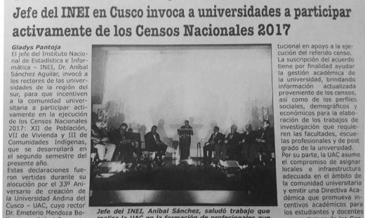 Jefe del INEI en Cusco invoca a universidades a participar activamente de los Censos Nacionales 2017