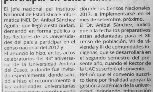 INEI convoca a universidades a participar en Censo Nacional 2017