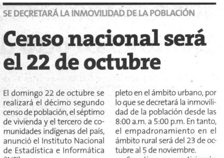 Censo nacional será el 22 de octubre