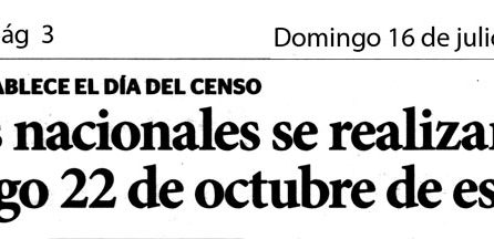 Censos Nacionales se realizarán el domingo 22 de octubre de este año
