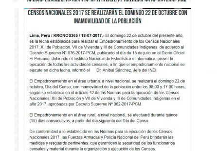 Censos Nacionales 2017 se realizarán el domingo 22 de octubre con inamovilidad de la población