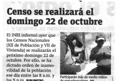 Censo se realizará el domingo 22 de octubre