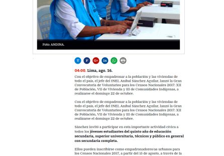 INEI convoca a voluntarios para Censos Nacionales 2017