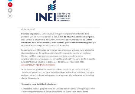 INEI lanza gran convocatoria de voluntarios para los censos nacionales 2017