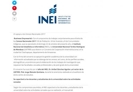 INEI y la Universidad Nacional Toribio Rodríguez de Mendoza de Amazonas firmaron convenio de cooperación interinstitucional