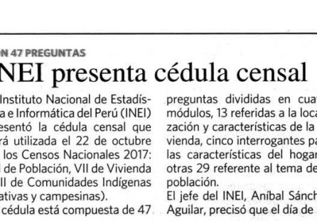 INEI presenta cédula censal