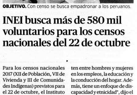 INEI busca más de 580 mil voluntarios para los censos nacionales del 22 de octubre