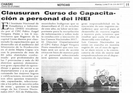 Clausuran curso de capacitación a personal del INEI