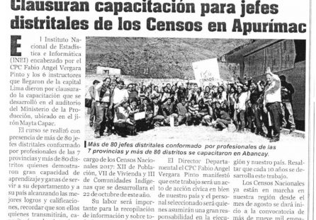 Clausuran capacitación para los jefes distritales de los Censos en Apurímac