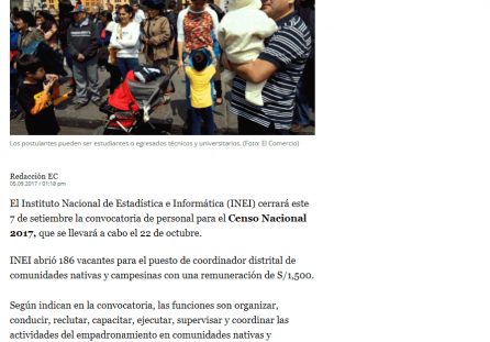 INEI convoca a plaza laborales de S/. 1500 para el Censo Nacional 2017