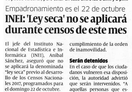 INEI: Ley seca no se aplicará durante censos este mes