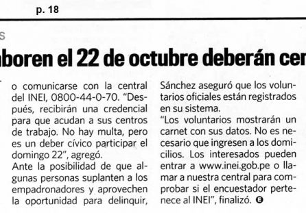 Personas que laboren el 22 de octubre deberán censarse antes
