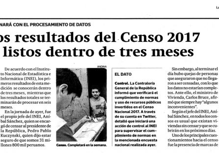 Primeros resultados del censo 2017 se conocerán en tres meses