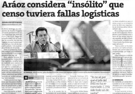 Aráoz considera “insolito” que censo tuviera fallas logísticas