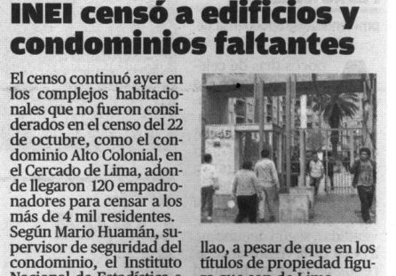INEI censó a condominios y edificios faltantes