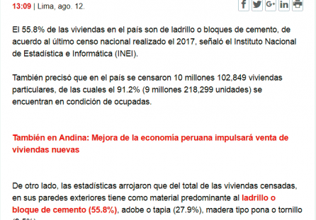 El 55,8% de las viviendas en el país son de ladrillo o bloques de cemento